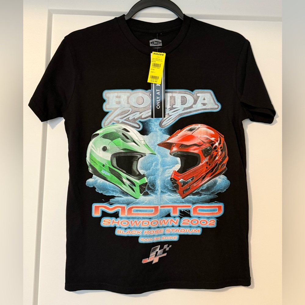 Tilly's Black Graphic Tee with Red & Green Helmet Art